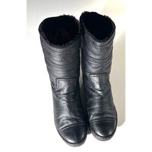 Chanel Black Leather Shearling-Lined Mid-Calf Boots 36.5
